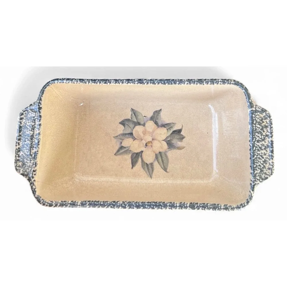 Vintage Ceramic Loaf Pan Baking Dish Magnolia Flower Blue Rim Country Kitchen